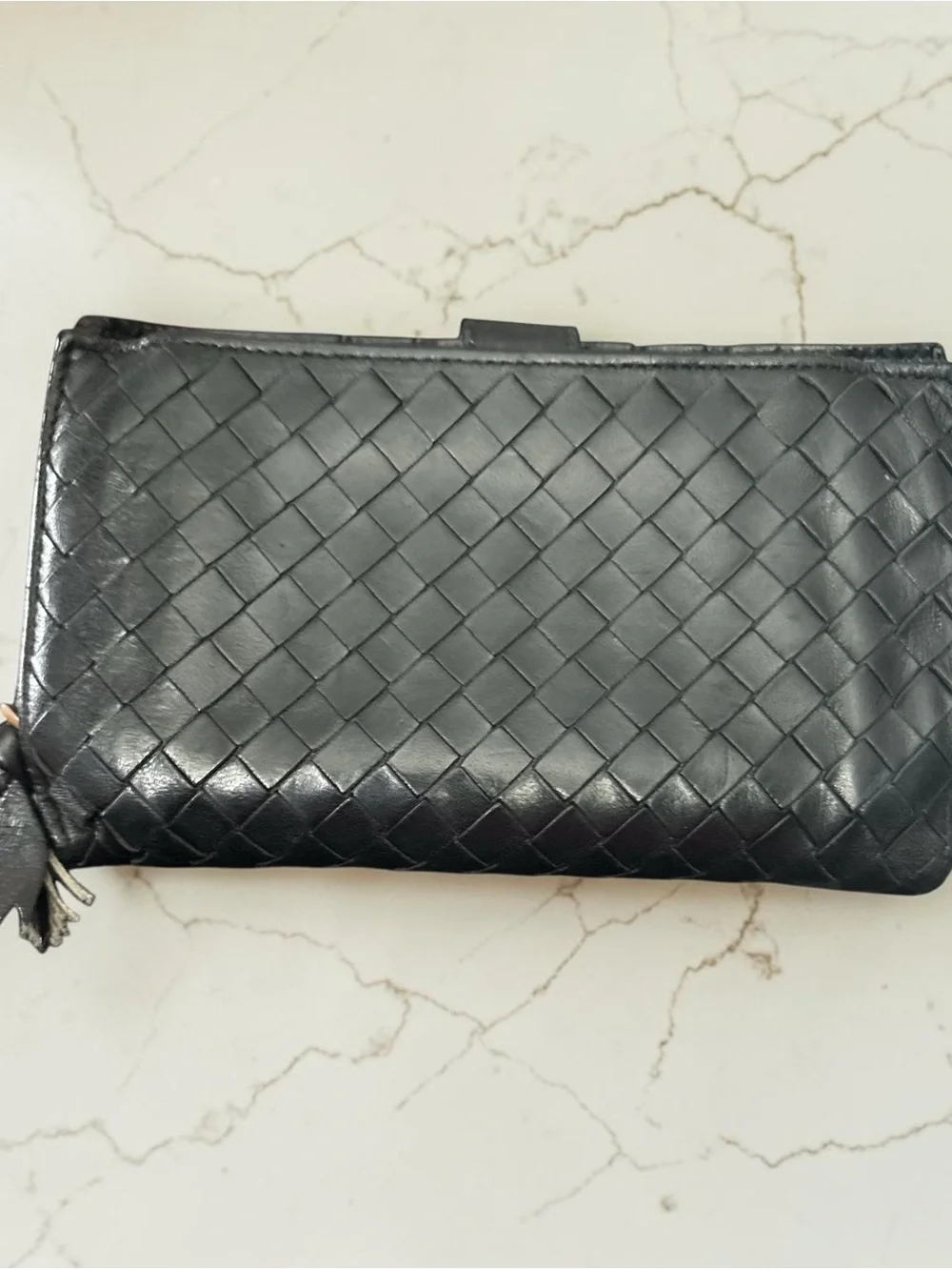 Bottega Veneta Black Embossed Leather wallet with chain